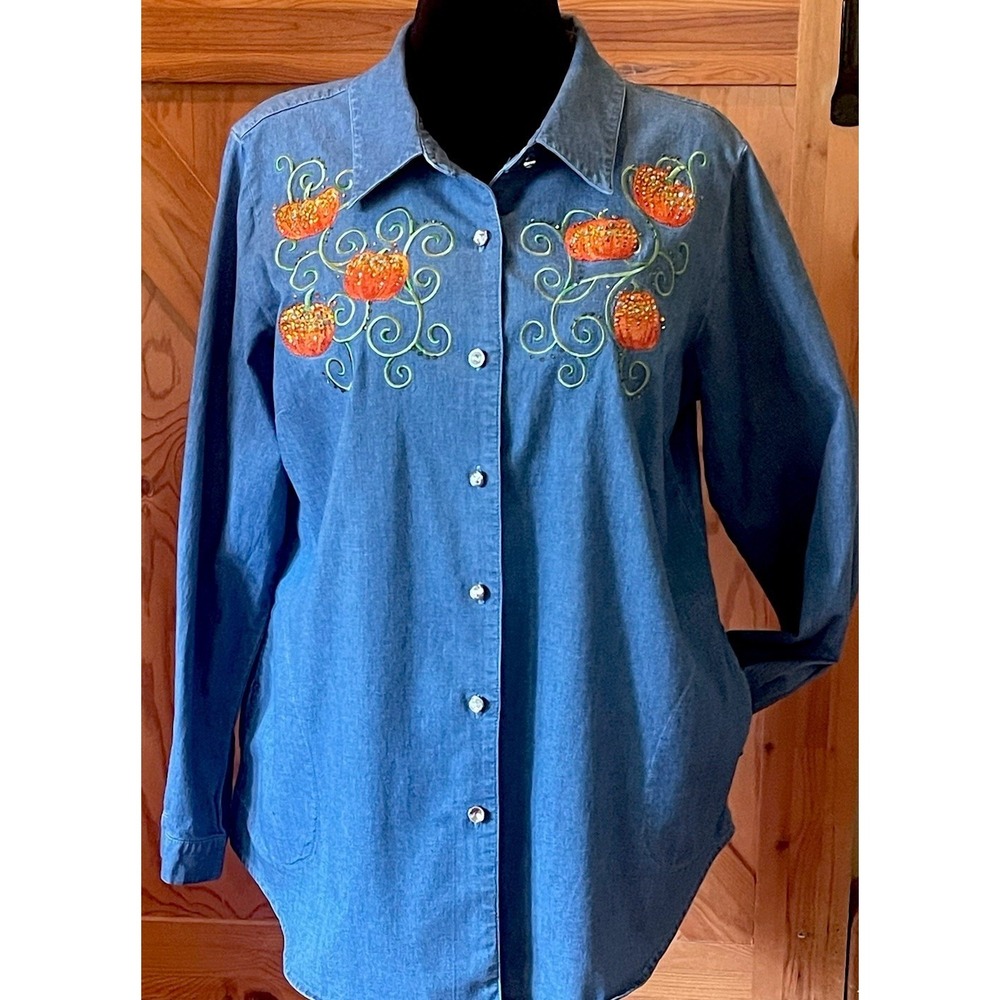 Quacker Factory Denim Pumpkin Shacket Top L Embroidered Sparkle Fall Jacket